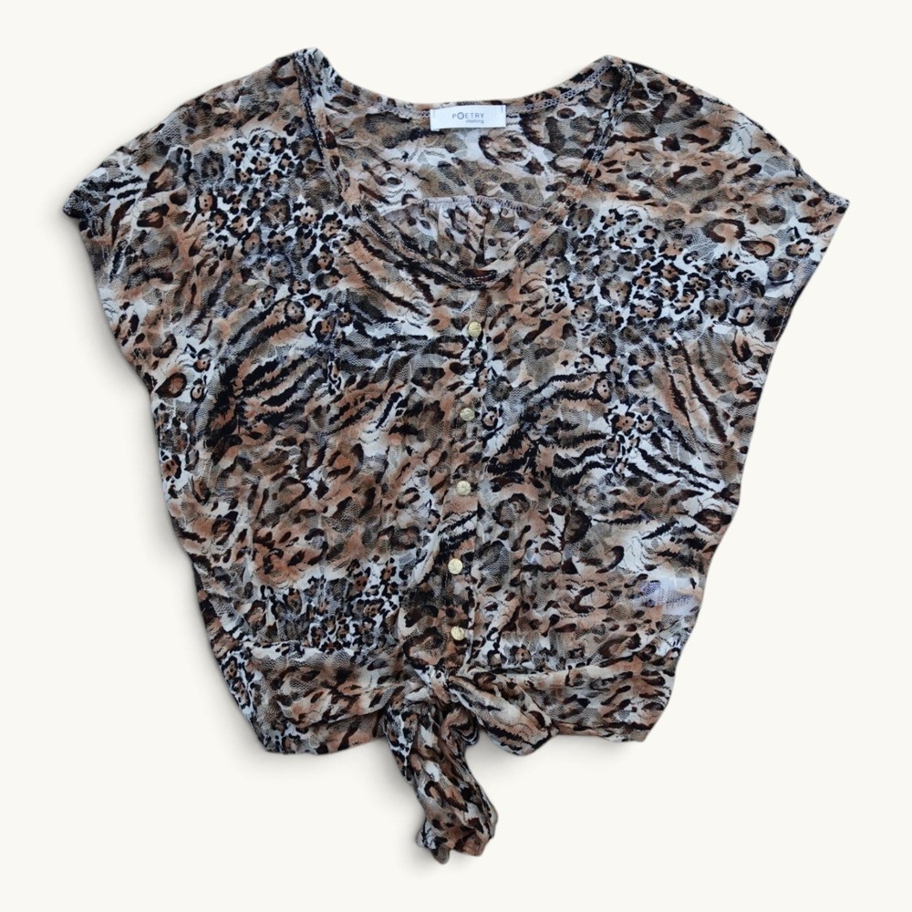 Poetry Clothing Leopard Tiger Sheer Mesh Tie Front Top Size S Y2K